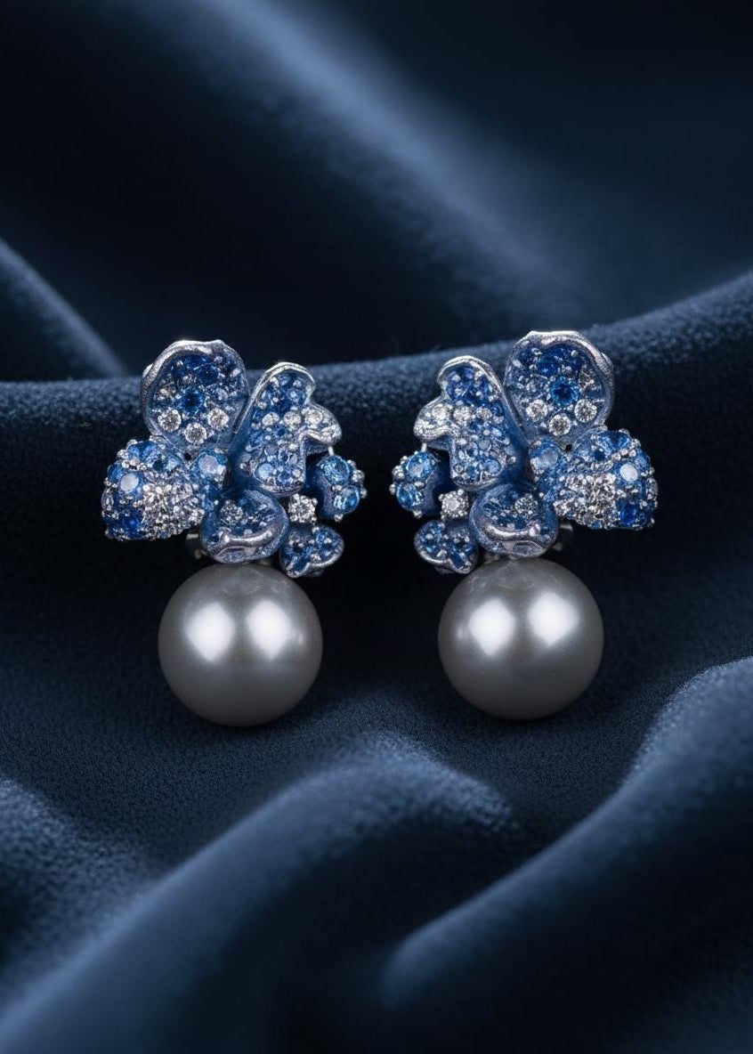 Misty Blue Flower Pearl Earrings