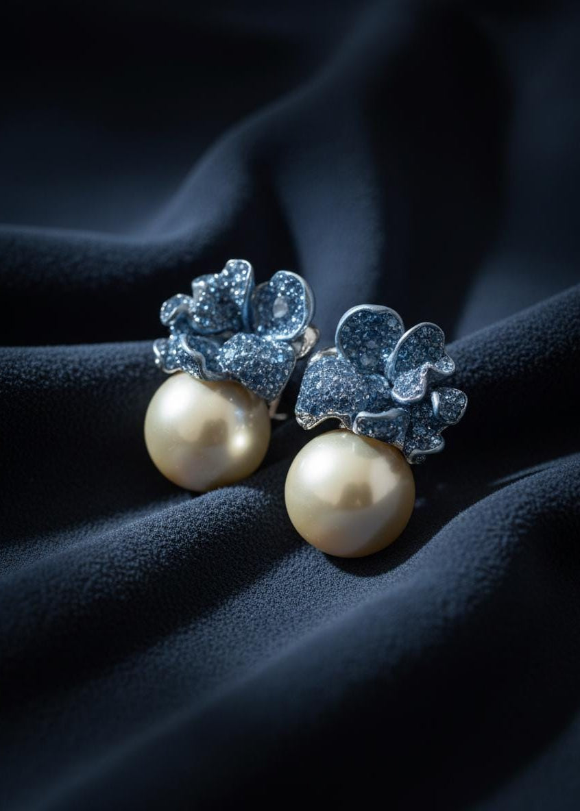 Misty Blue Flower Pearl Earrings