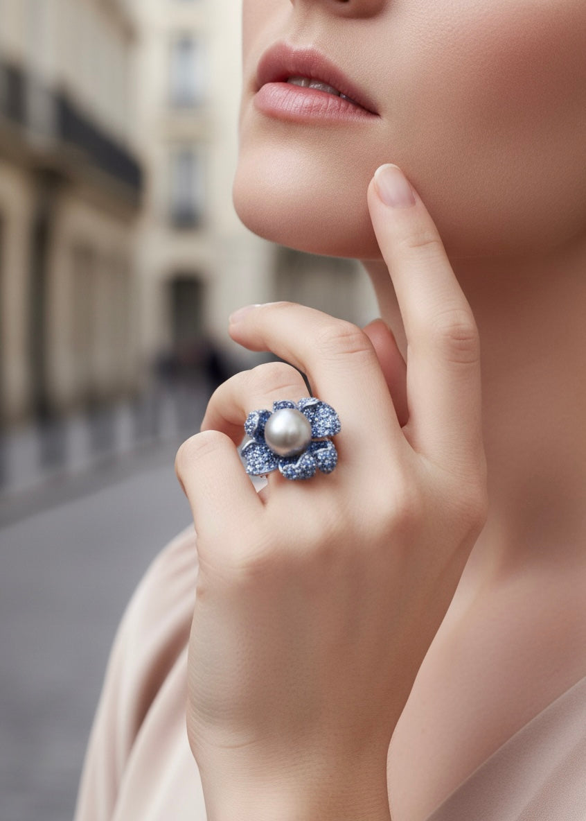 Gray Pearl Flower Ring
