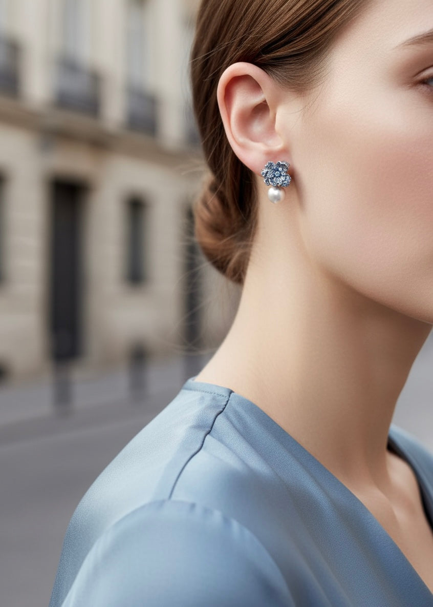Misty Blue Flower Pearl Earrings