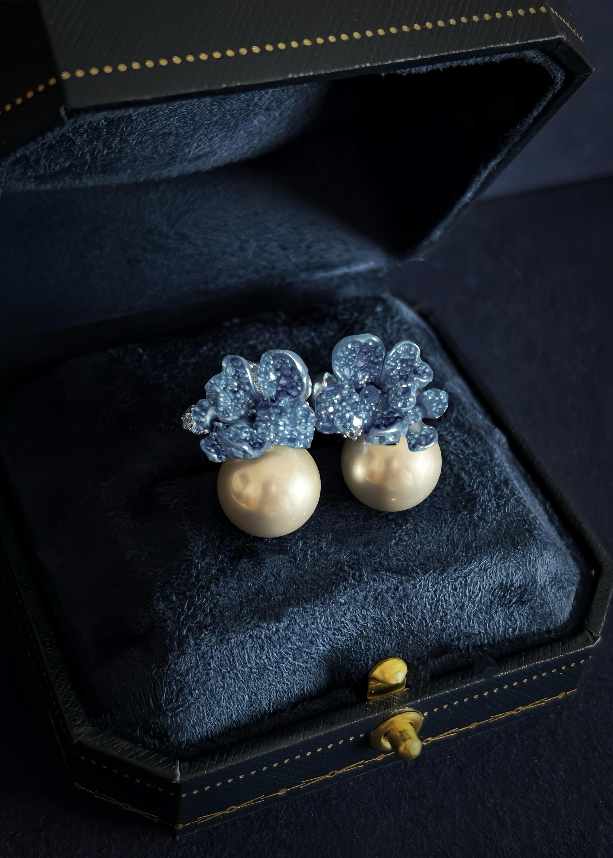 Misty Blue Flower Pearl Earrings