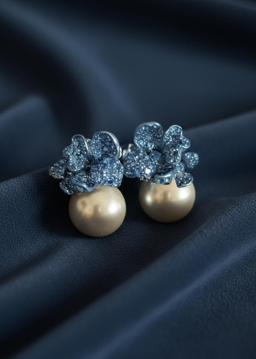Misty Blue Flower Pearl Earrings